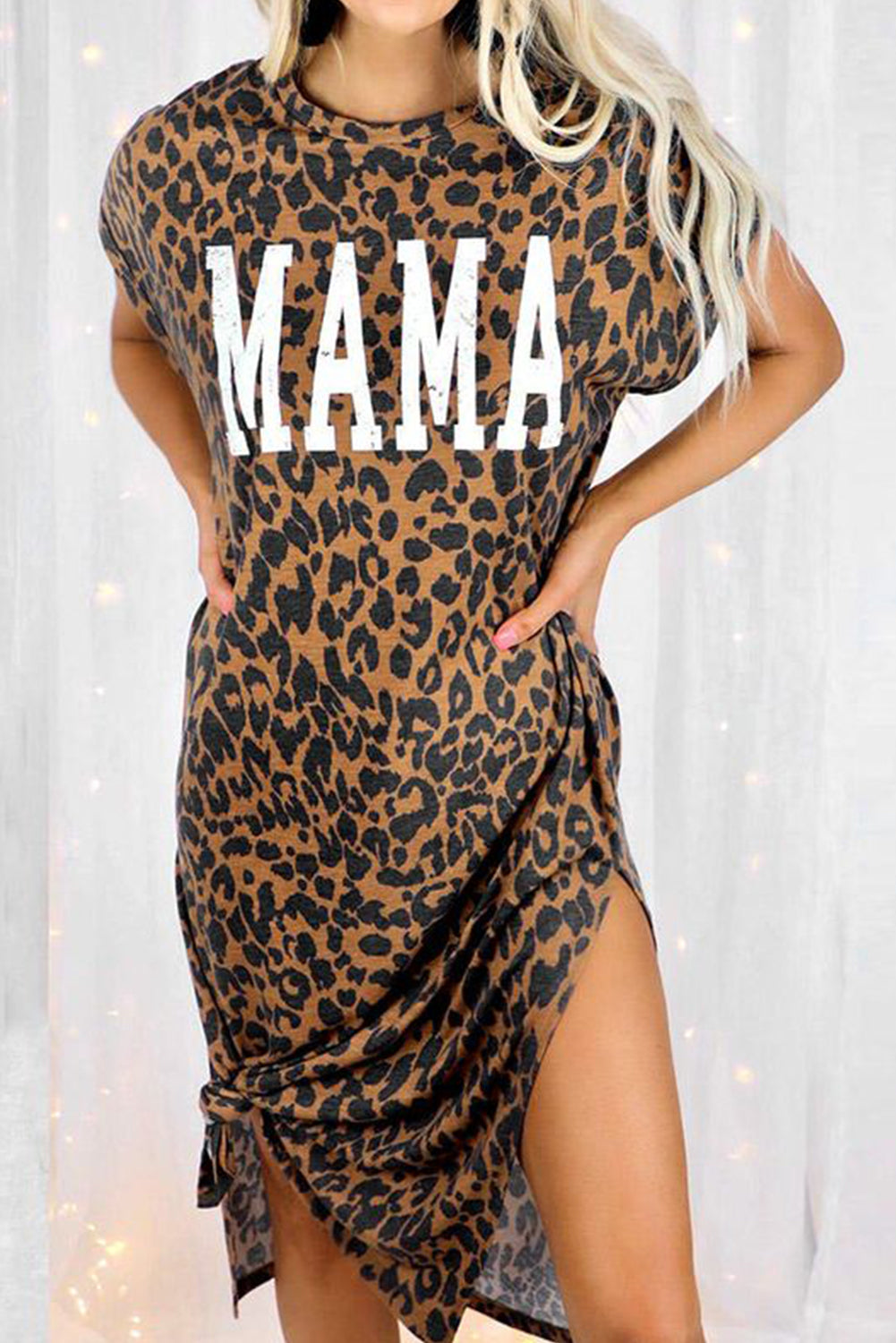 Leopard MAMA Letter Print Slit T-Shirt Dress T Shirt Dresses JT's Designer Fashion