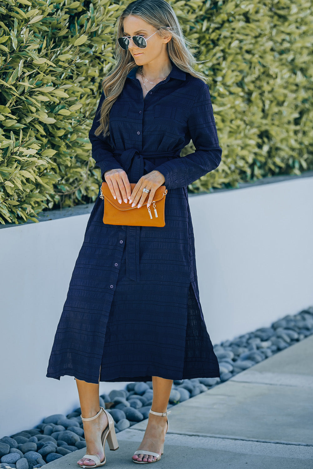 Blue Crinkle Textured Long Sleeve Shirt Dress with Belt T Shirt Dresses JT's Designer Fashion