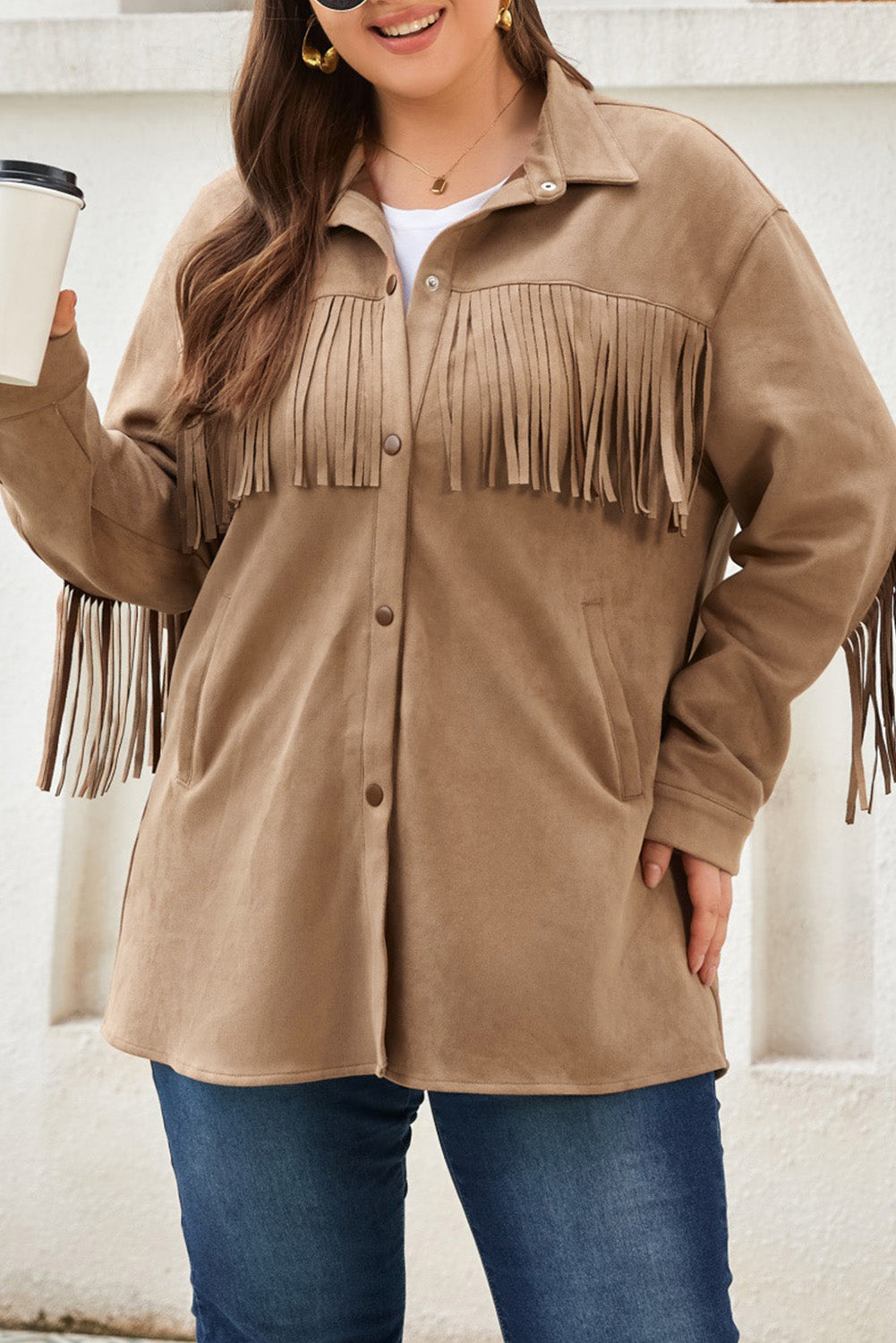 Khaki Fringe Trim Plus Size Suede Shacket Plus Size JT's Designer Fashion