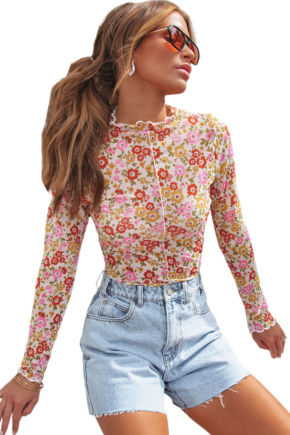 Multicolor Floral Lettuce Hem Long Sleeve Crop Top Tops & Tees JT's Designer Fashion