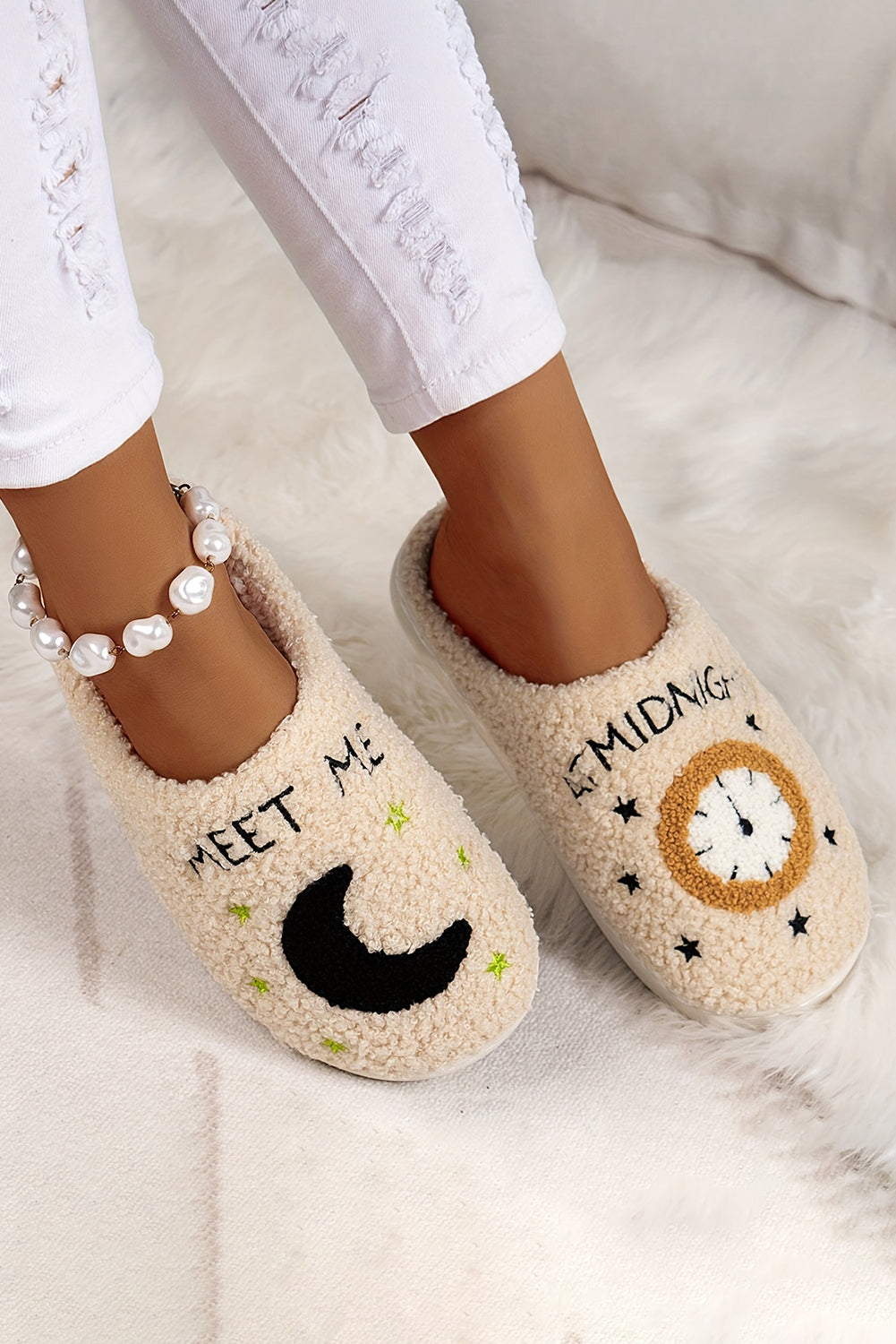 Parchment Moon & Clock Pattern Fuzzy Home Slippers Slippers JT's Designer Fashion