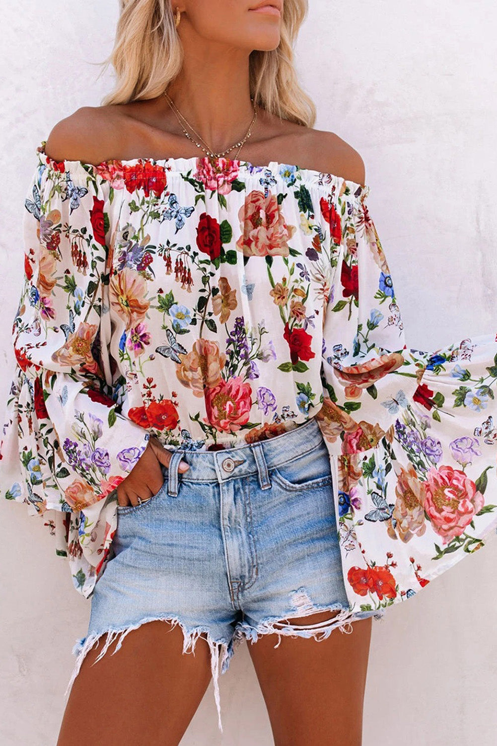 Multicolor Floral Off Shoulder Bell Sleeve Blouse Blouses & Shirts JT's Designer Fashion