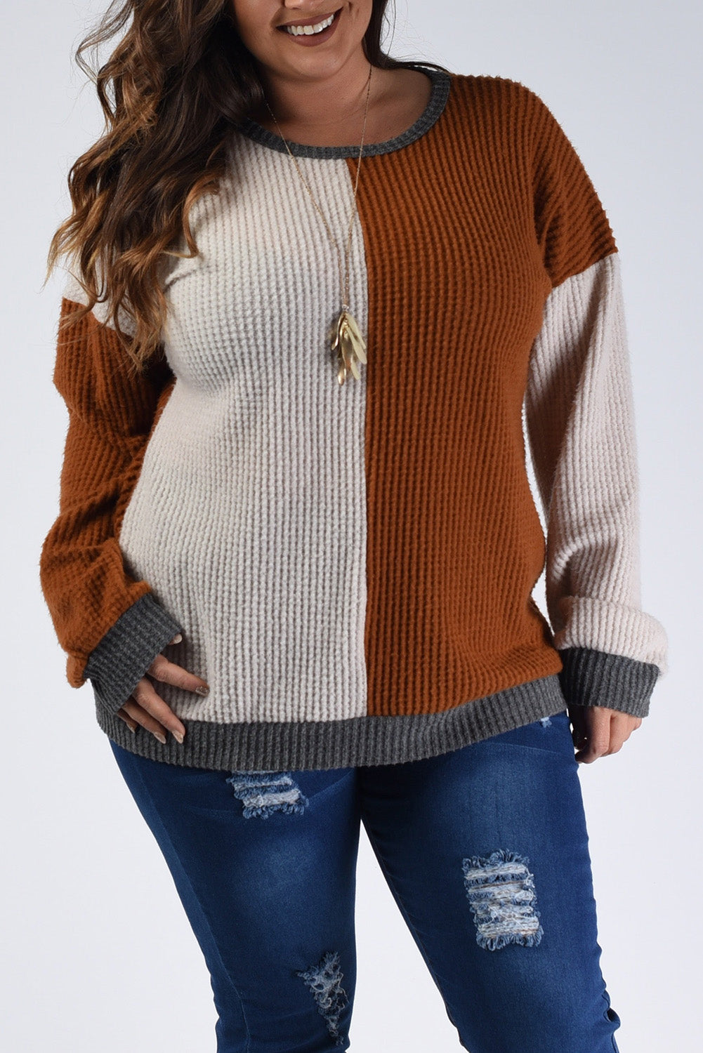 Chestnut Color Block Waffle Knit Drop Sleeve Plus Size Top Plus Size JT's Designer Fashion