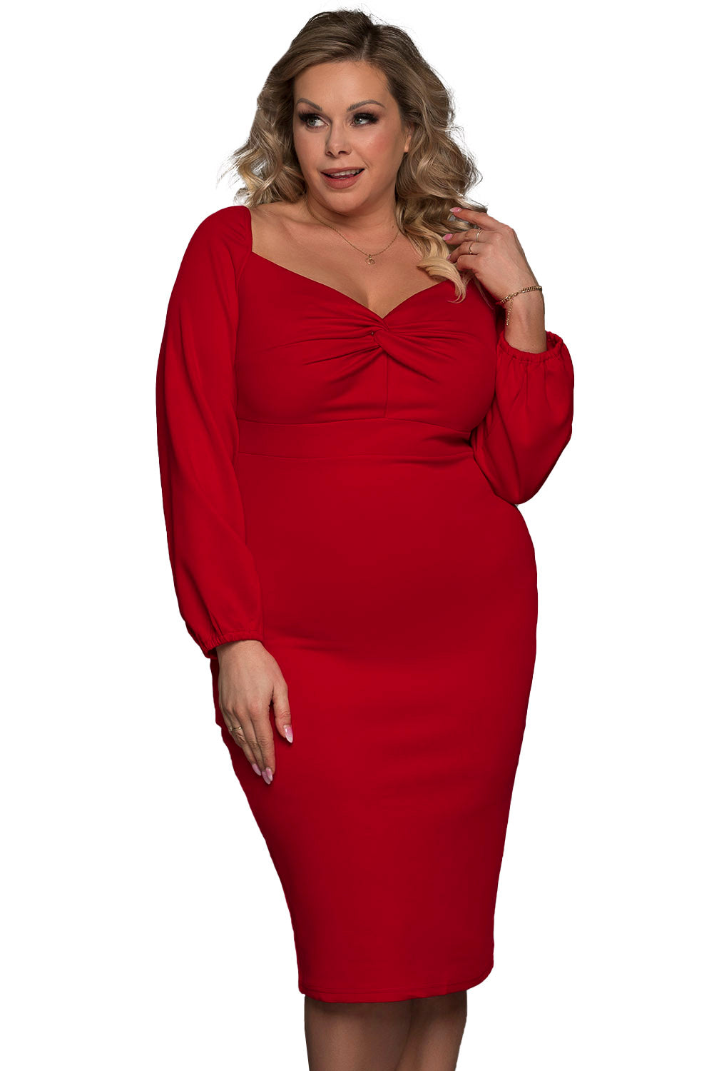 Fiery Red Long Sleeve Front Knot Plus size Midi Dress Plus Size Dresses JT's Designer Fashion