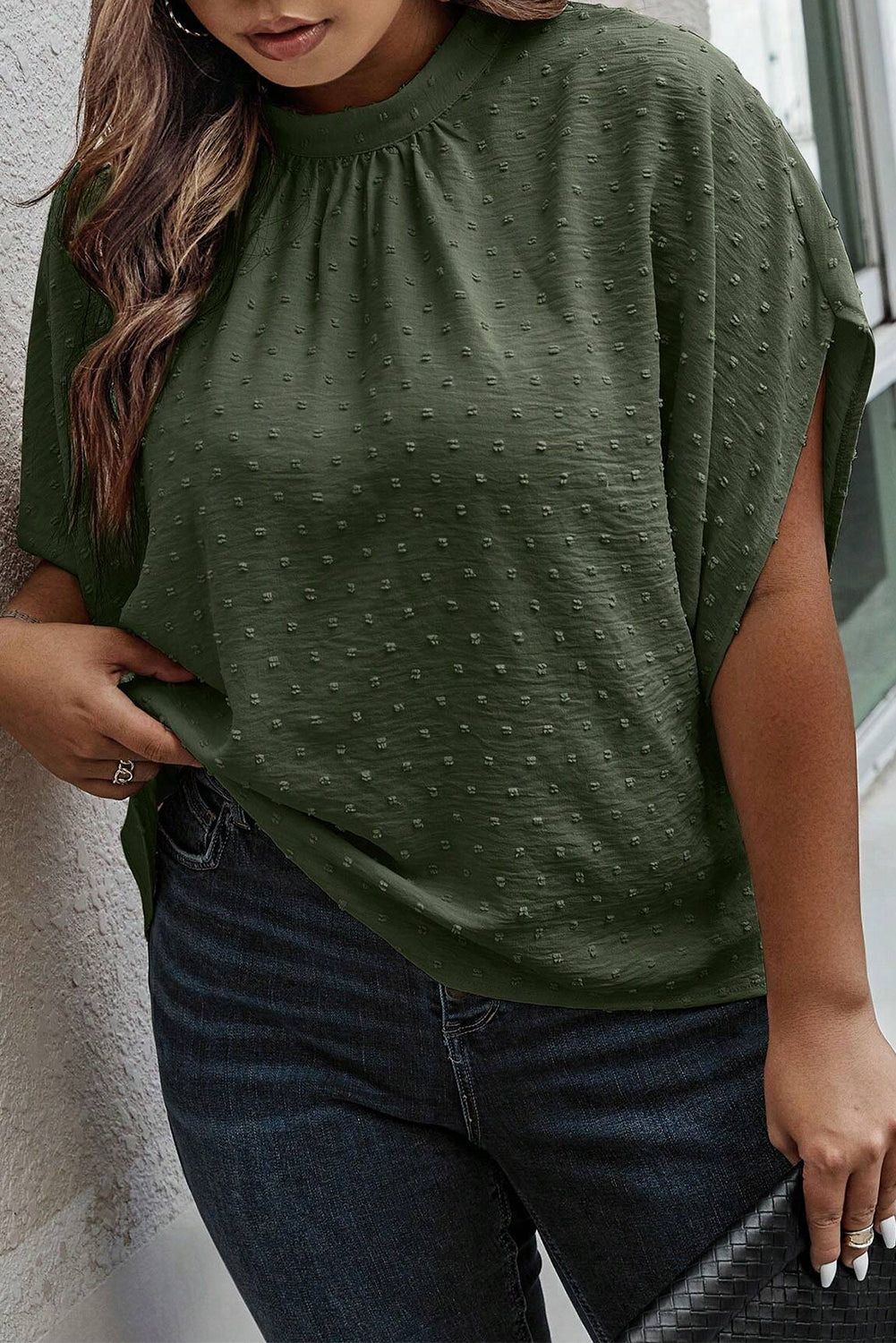 Moss Green Mock Neck Tied Nape Swiss Dot Plus Size Top Plus Size JT's Designer Fashion