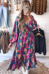 Multicolor Square Neck High Waist Ruffled Floral Dress Dresses JT's Designer Fashion