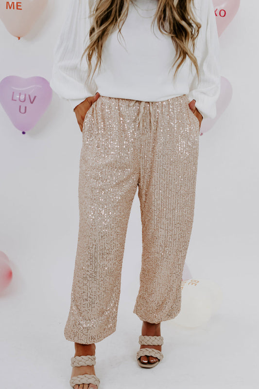 Apricot Plus Size Sequin Drawstring Waist Joggers Plus Size JT's Designer Fashion