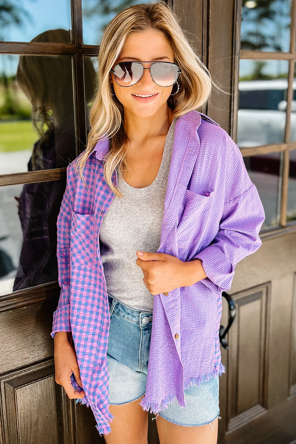 Purple Mixed Plaid Button Down Long Sleeve Chest Pocket Shirt Tops & Tees JT's Designer Fashion