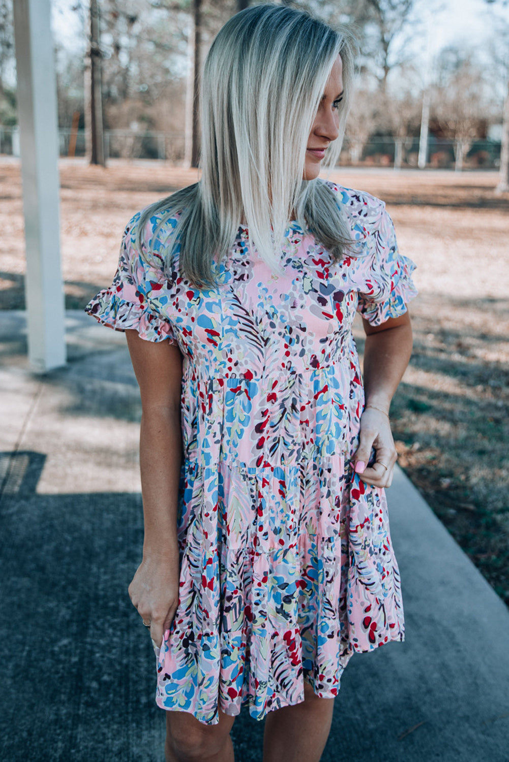 Pink Short Sleeves Floral Print Tiered Ruffled Dress Floral Dresses JT's Designer Fashion