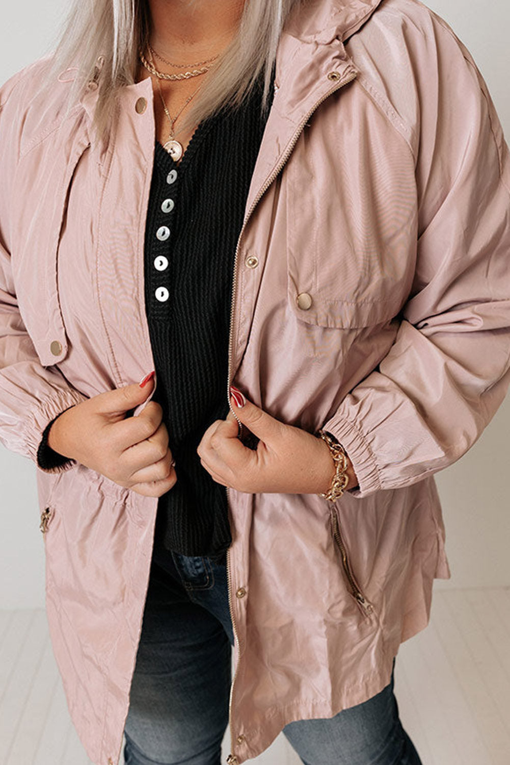 Pink Plus Size Lightweight Zipped Pockets Windproof Hooded Jacket Plus Size JT's Designer Fashion