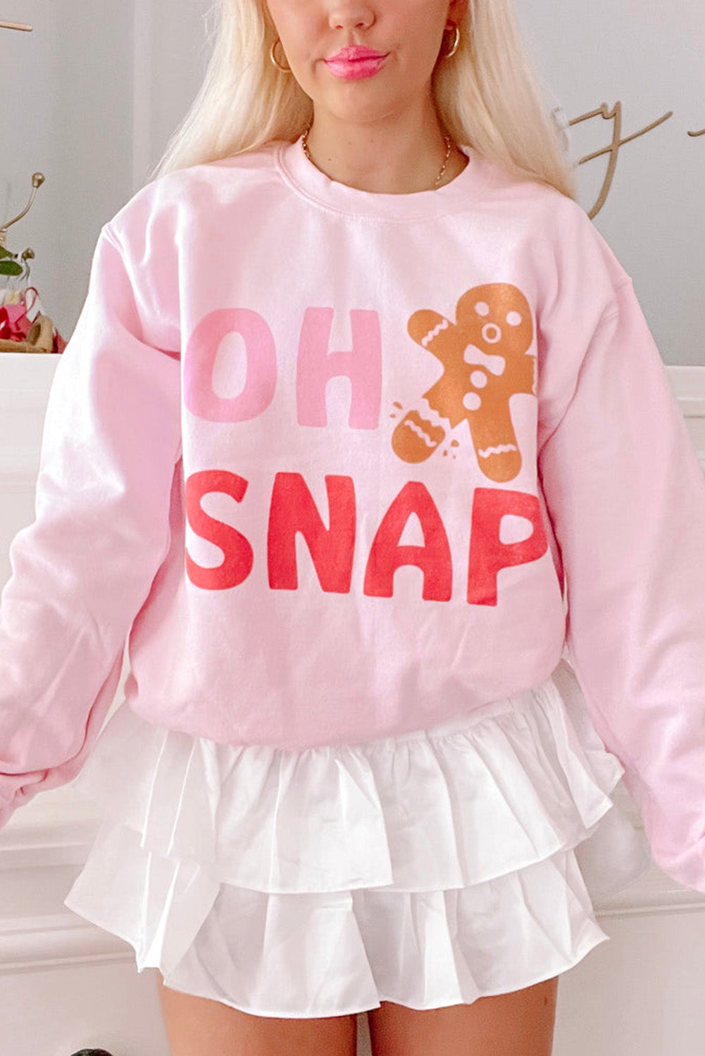 Pink OH SNAP Gingerbread Man Christmas Pullover Sweatshirt Pink 70%Polyester+30%Cotton Graphic Sweatshirts JT's Designer Fashion