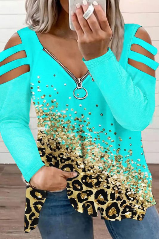 Sky Blue Sequin Leopard O-Ring Zipper Keyhole Long Sleeve Plus Size Top Plus Size JT's Designer Fashion