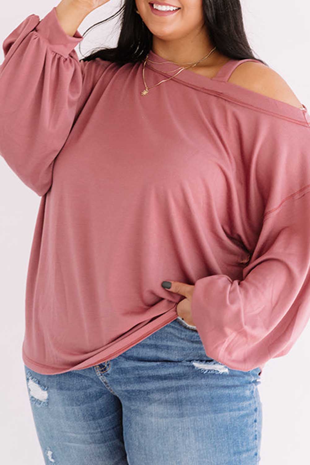 Pink Asymmetric Cold Shoulder Puff Sleeve Plus Size Top Plus Size JT's Designer Fashion