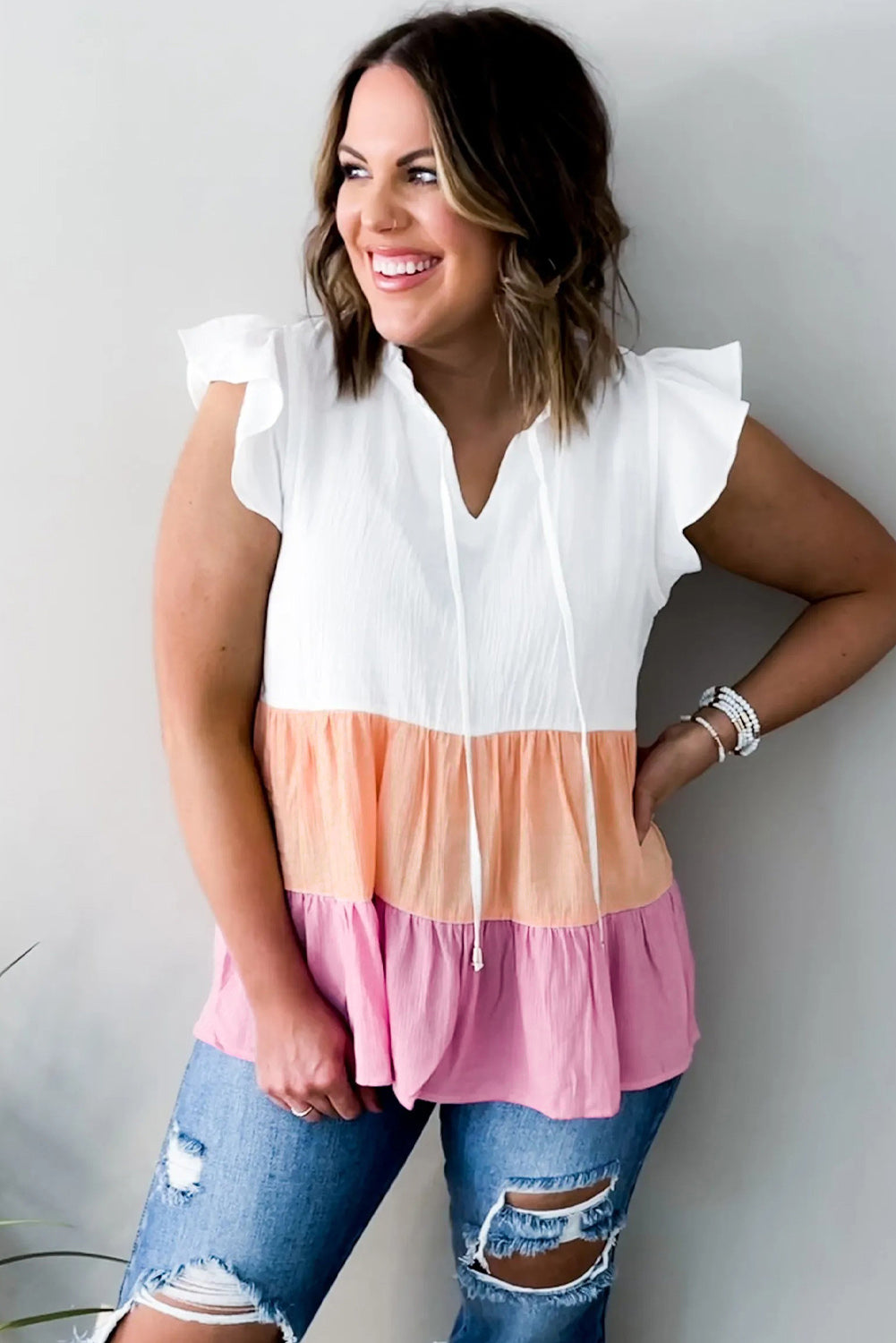 Multicolor Plus Size Colorblock Ruffled Tank Top Plus Size Tops JT's Designer Fashion