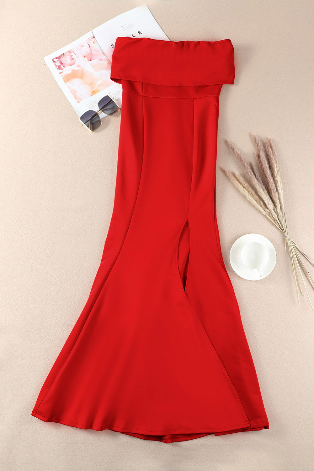 Red Off The Shoulder One Sleeve Slit Maxi Prom Dress Evening Dresses JT's Designer Fashion