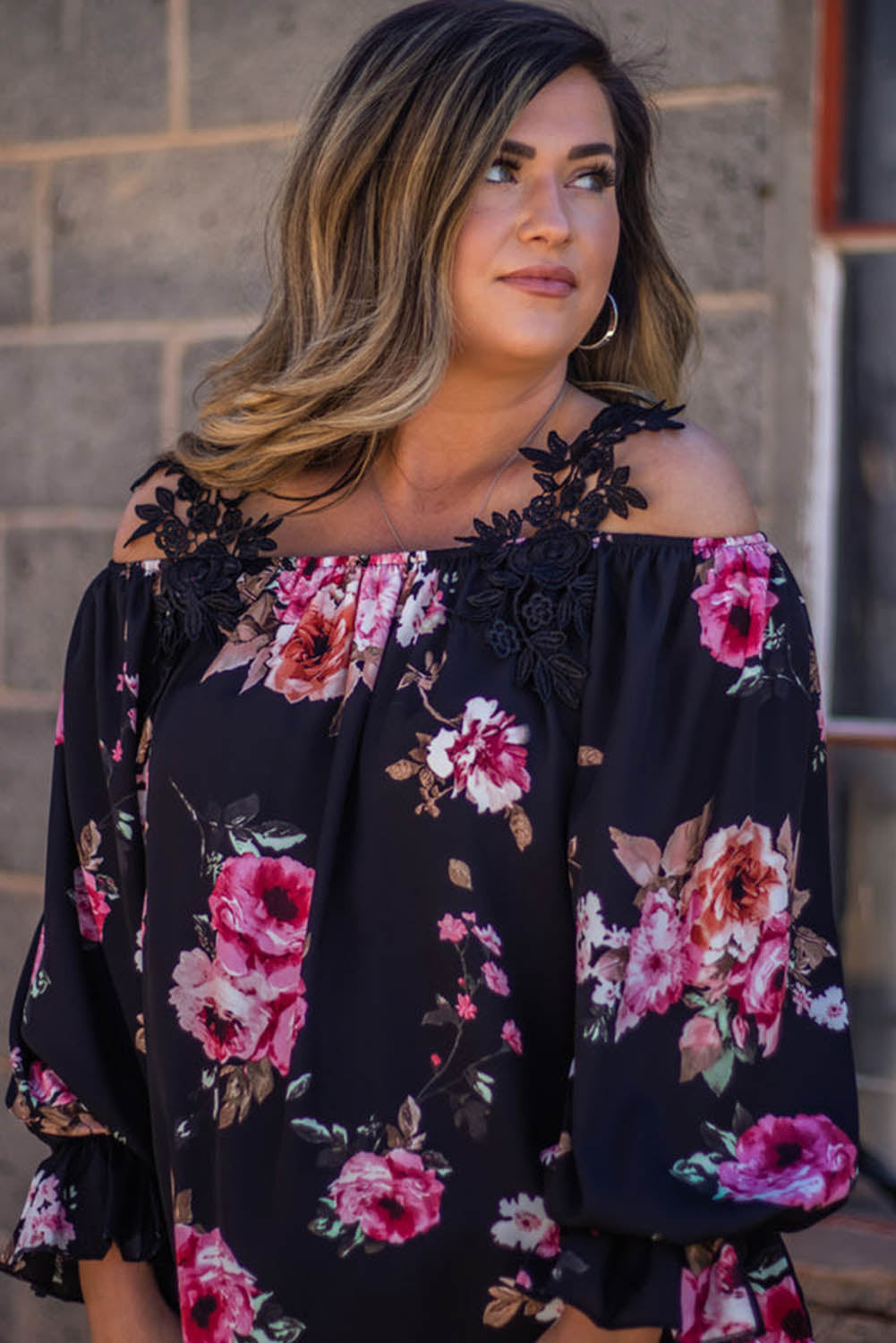 Black Plus Size Crochet Detail Off-shoulder Floral Blouse Plus Size JT's Designer Fashion