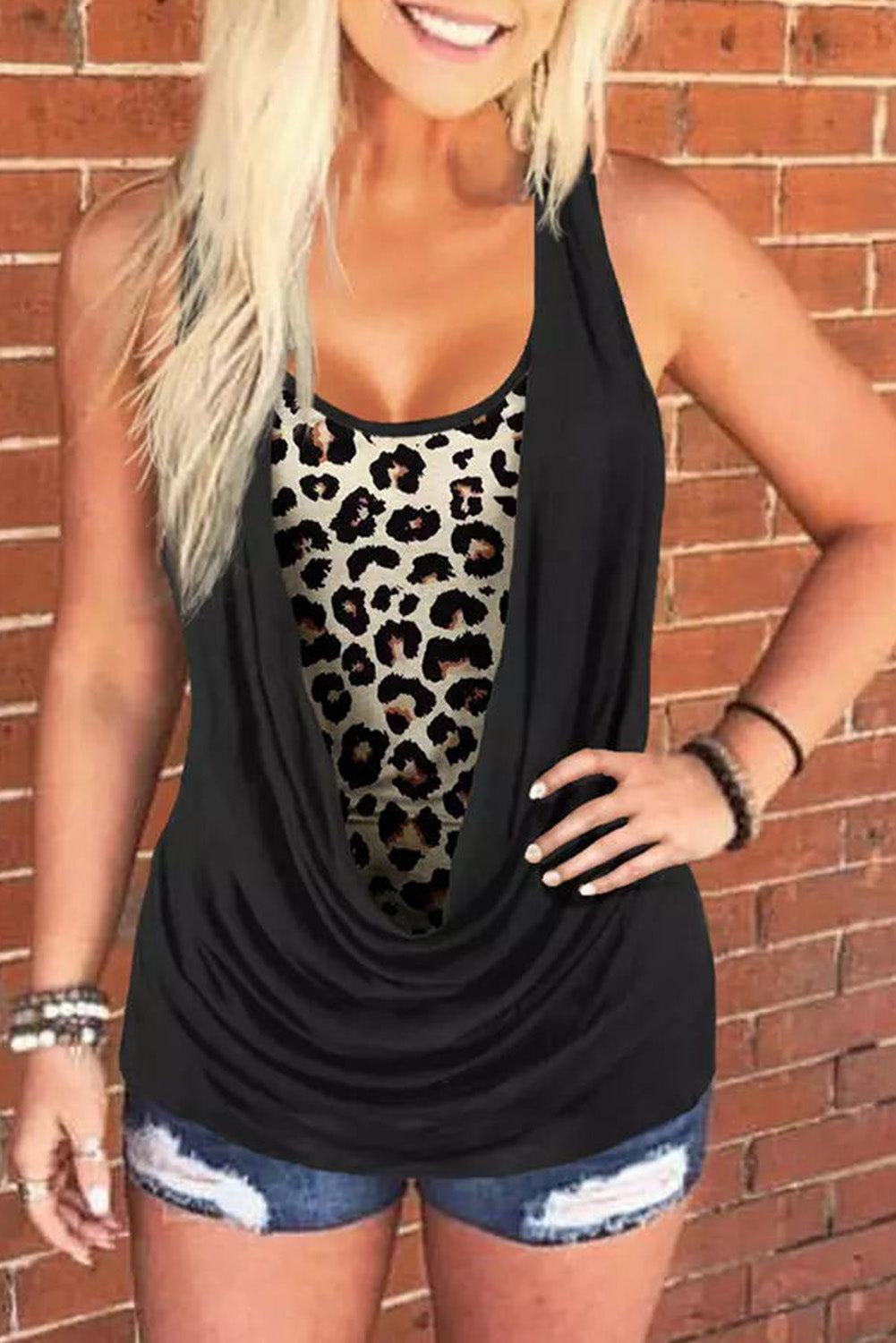 Black Leopard Ruched Fake Two-piece Tank Black 65%Polyester+30%Viscose+5%Elastane Tank Tops JT's Designer Fashion