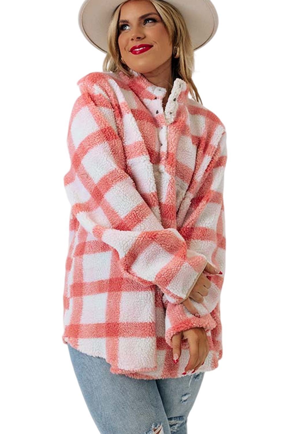 Pink Plus Size Tunic Plaid Sherpa Henley Sweatshirt Plus Size JT's Designer Fashion