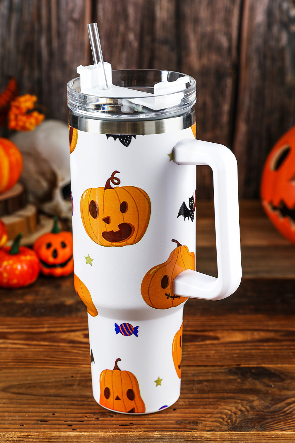 Bright White 40oz Halloween Print 304 Stainless Steel Thermos Cup Tumblers JT's Designer Fashion