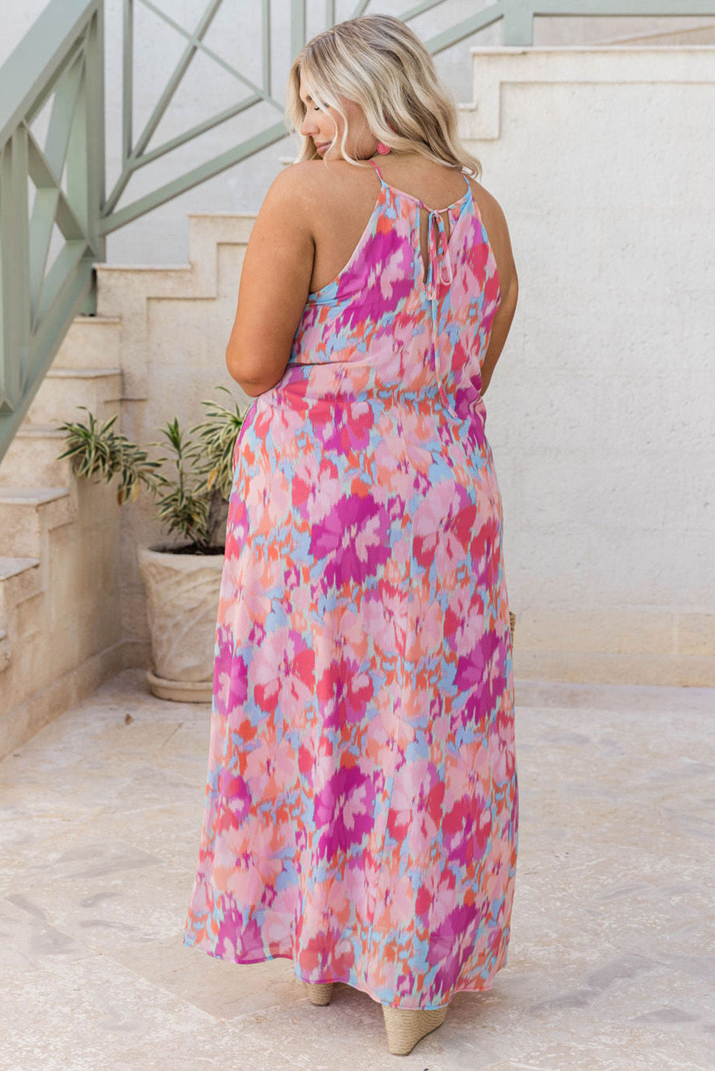 Pink Abstract Floral Print Sleeveless Plus Size Maxi Dress Plus Size JT's Designer Fashion