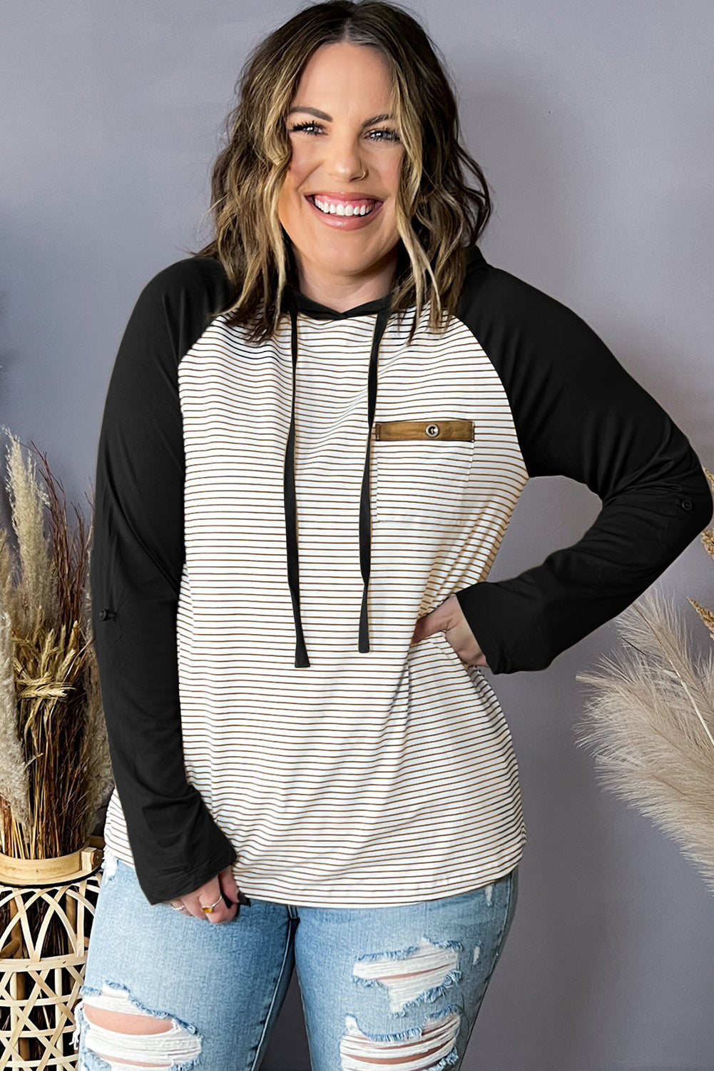 Black Green Striped Raglan Sleeve Buttoned Pocket Plus Size Hoodie Plus Size JT's Designer Fashion