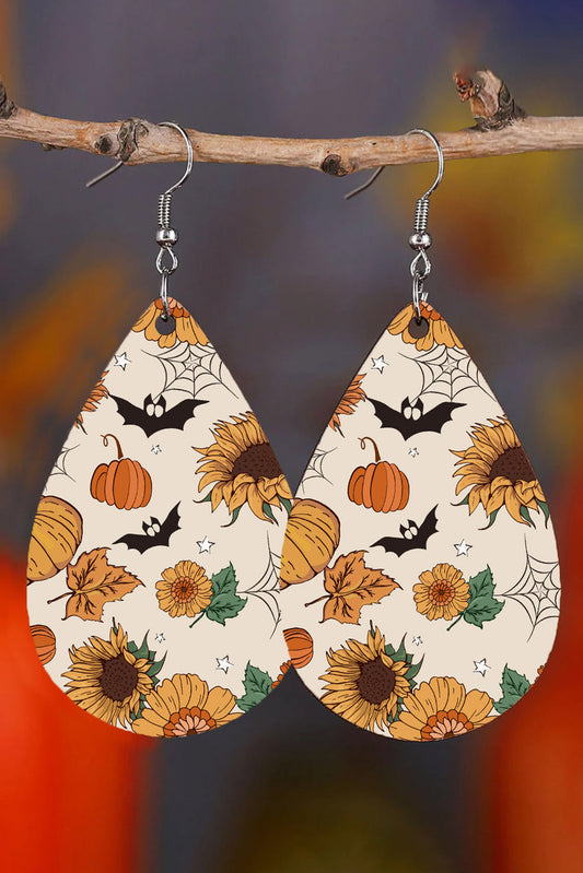 Beige Hollowed Pumpkin Sunflower Bat Print Hook Earrings Jewelry JT's Designer Fashion