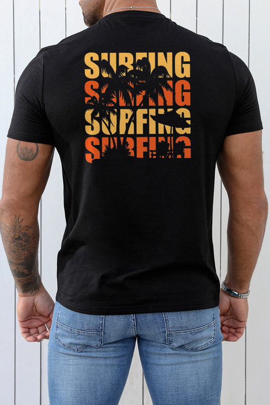 Black SURFING Plant Graphic Print Muscle Fit Men's Graphic Tee Black 62%Polyester+32%Cotton+6%Elastane Men's Tops JT's Designer Fashion