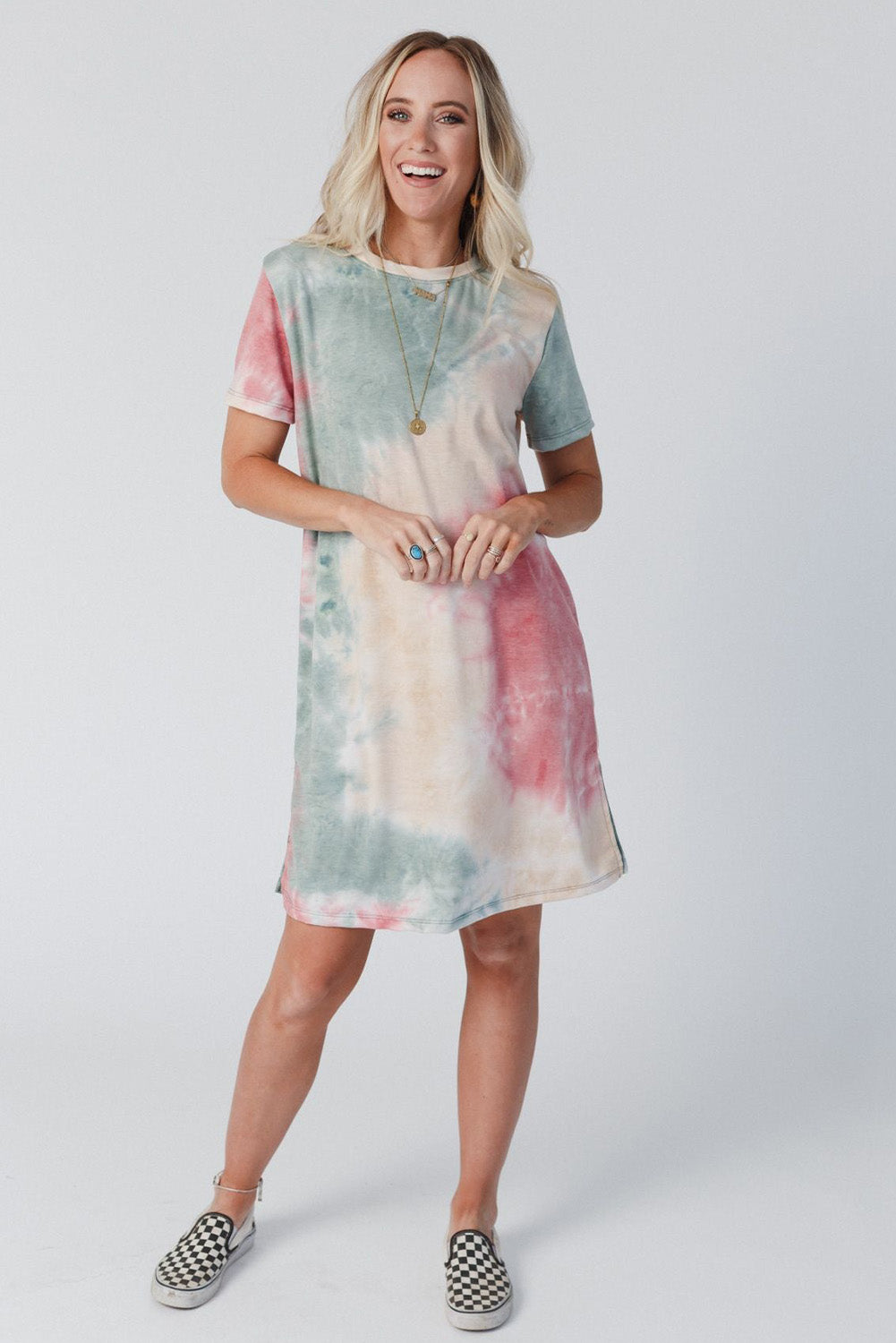 Multicolor Tie Dye Oversized Slit Tee Dress T Shirt Dresses JT's Designer Fashion