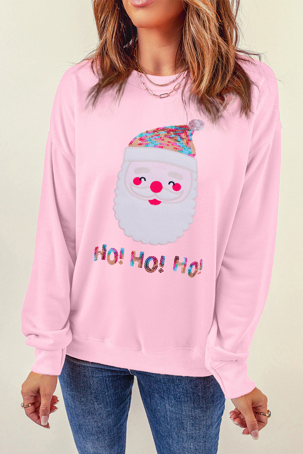 Pink HO HO HO Sequined Santa Claus Sweatshirt Graphic Sweatshirts JT's Designer Fashion