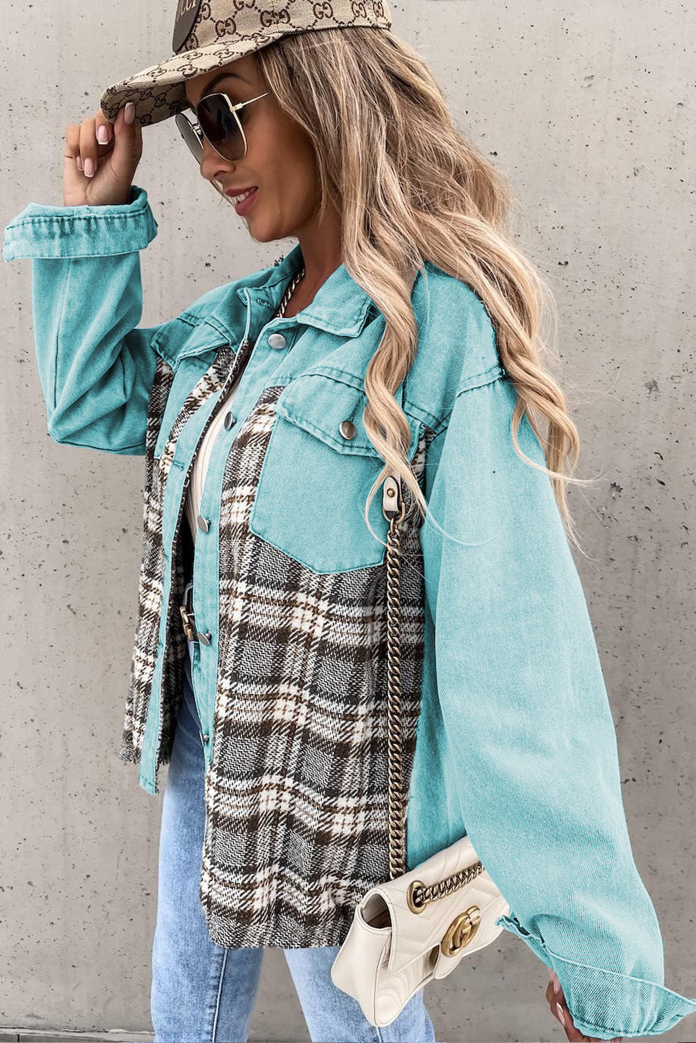 Sky Blue White Plaid Patchwork Pockets Denim Jacket Denim jackets JT's Designer Fashion