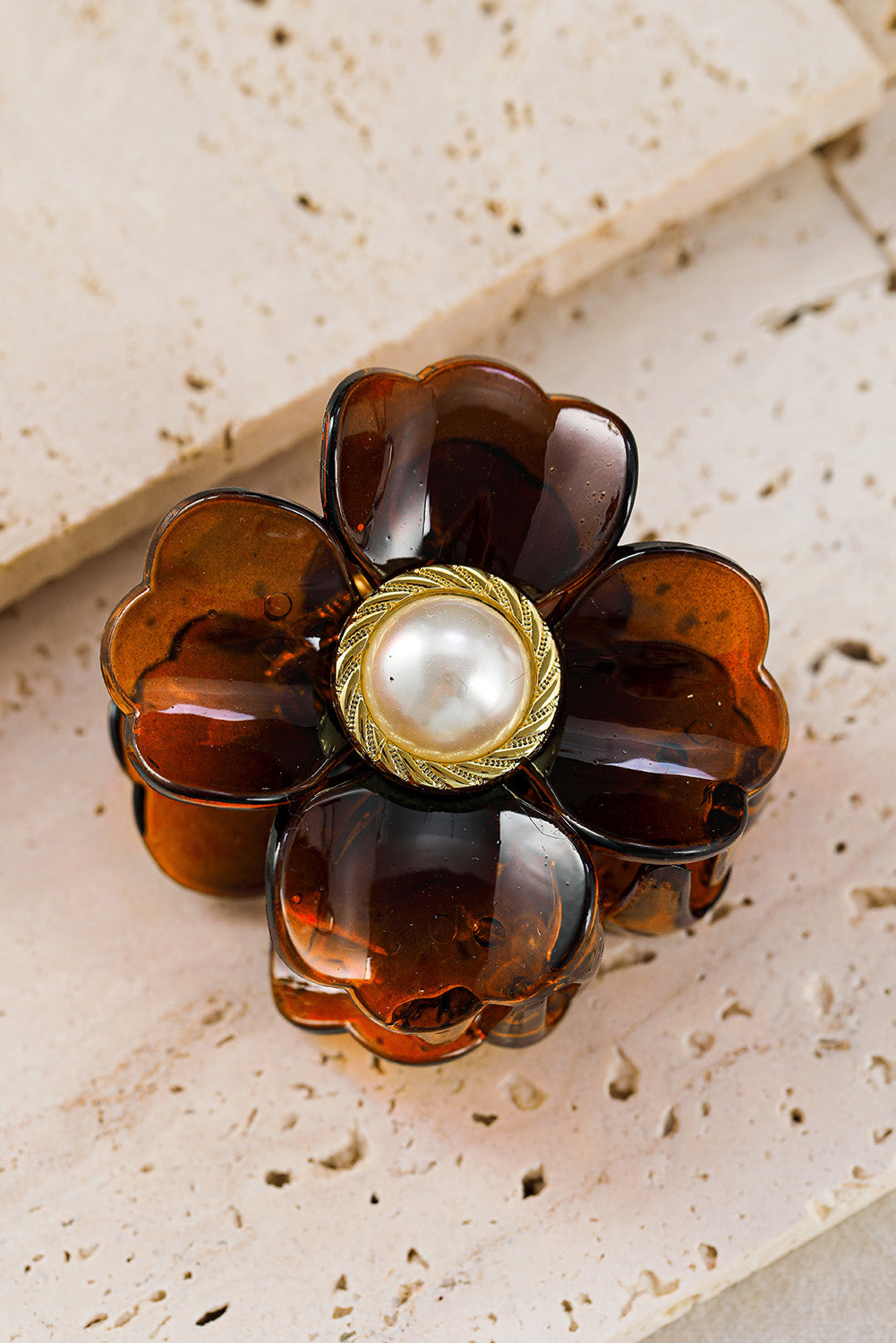 Brown Flower Shape Pearl Inlay Small Hair Claw Clip Headwear JT's Designer Fashion