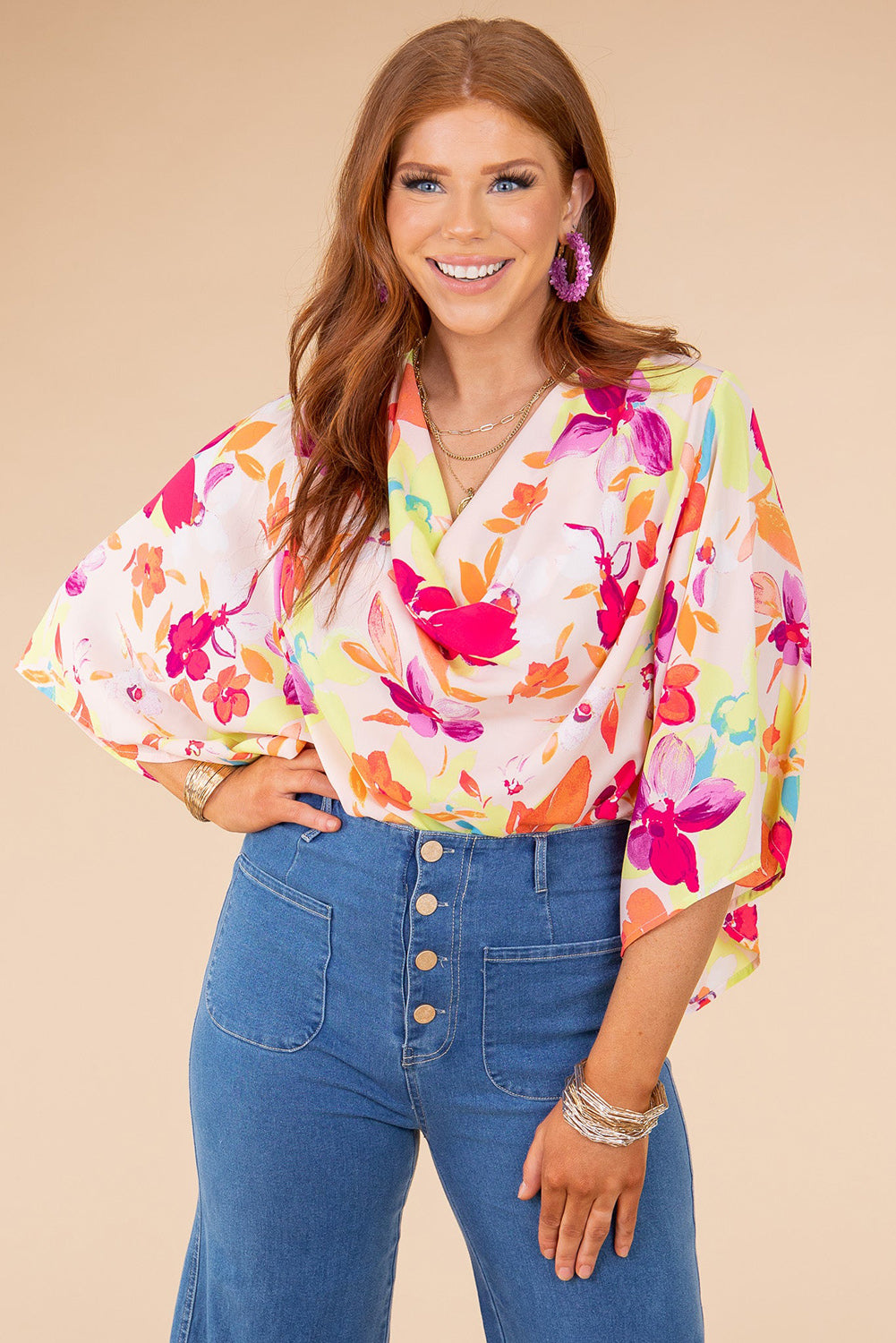 Multicolor Floral Print Cowl Neck Plus Size Blouse Plus Size Tops JT's Designer Fashion