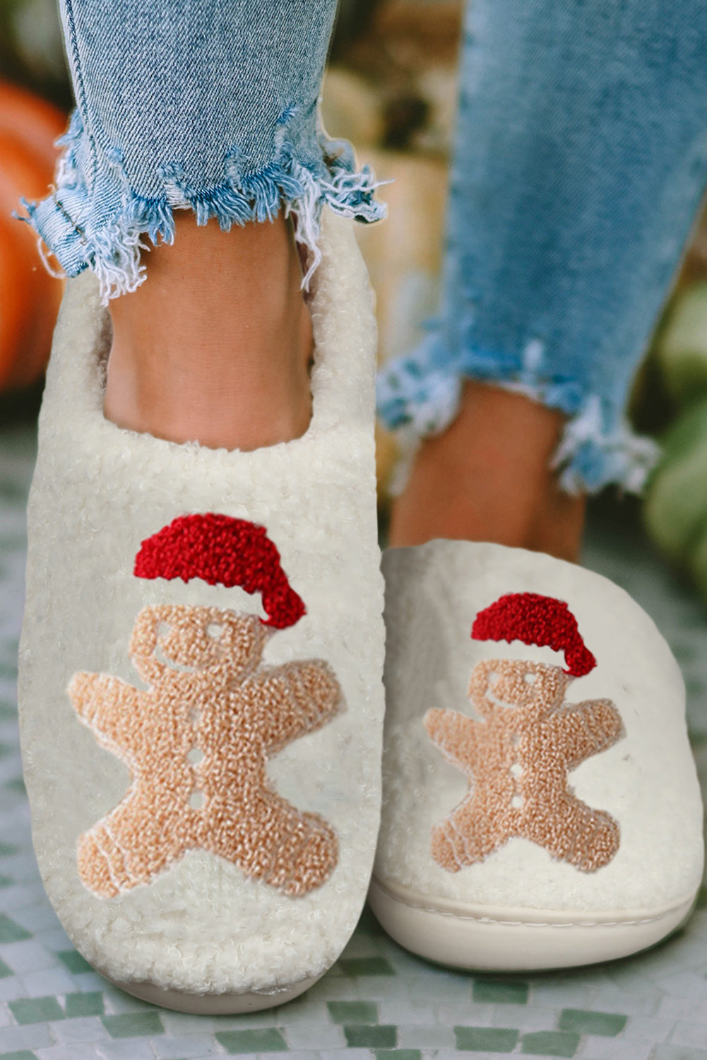 White Christmas Gingerbread Man Plush Home Slippers Slippers JT's Designer Fashion