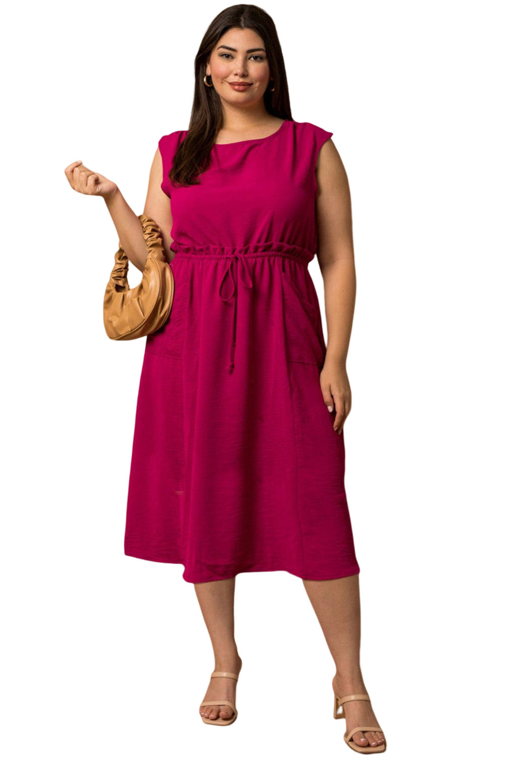 Rose Ruffled Drawstring High Waist Sleeveless Plus Size Midi Dress Plus Size Dresses JT's Designer Fashion