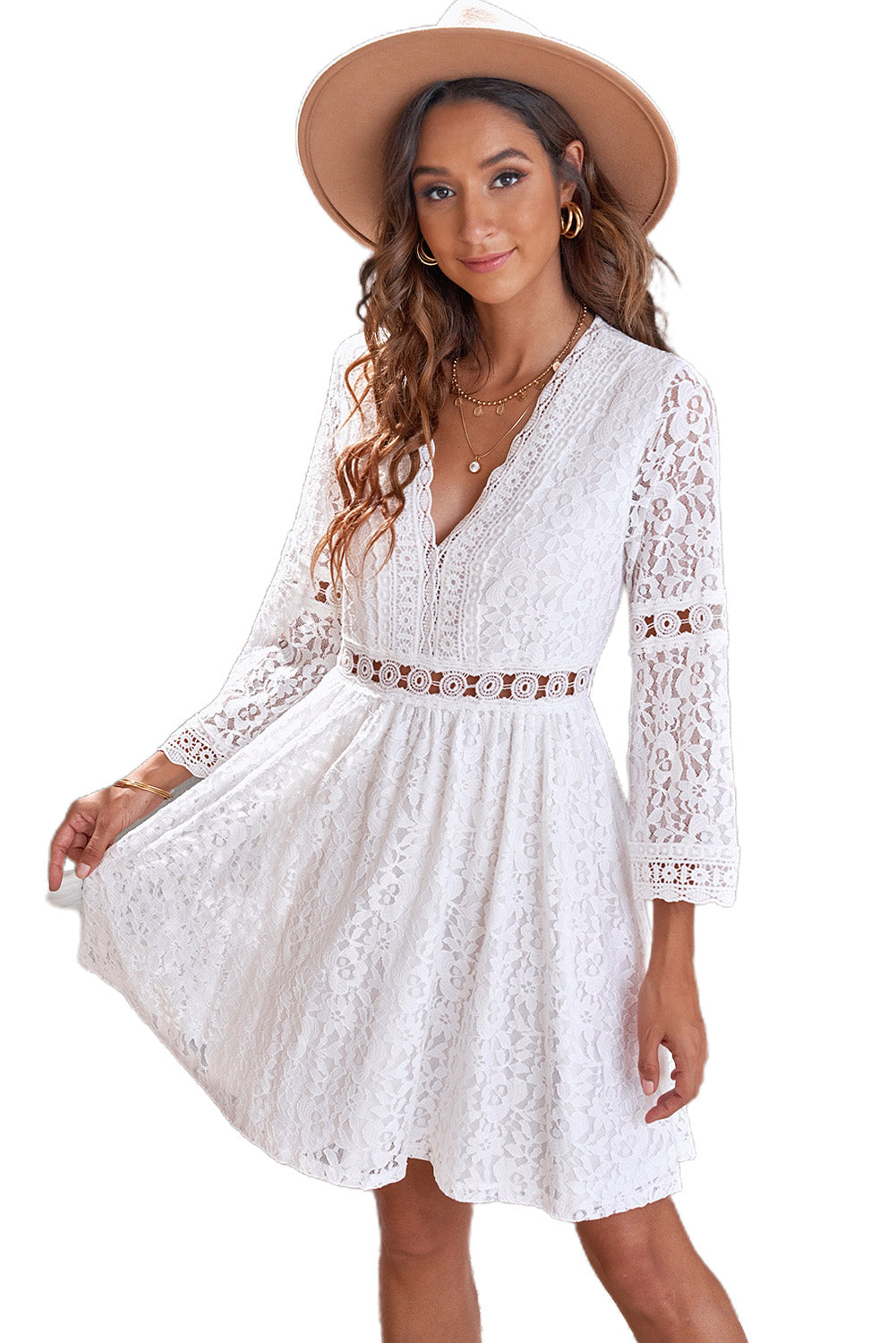 White Lace V Neck See-through Sleeve Mini Dress Mini Dresses JT's Designer Fashion