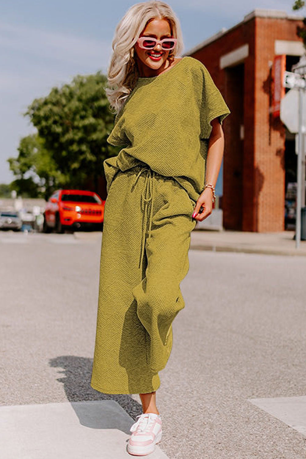 Beige Gray Textured Loose Fit T Shirt and Drawstring Pants Set Bottoms JT's Designer Fashion