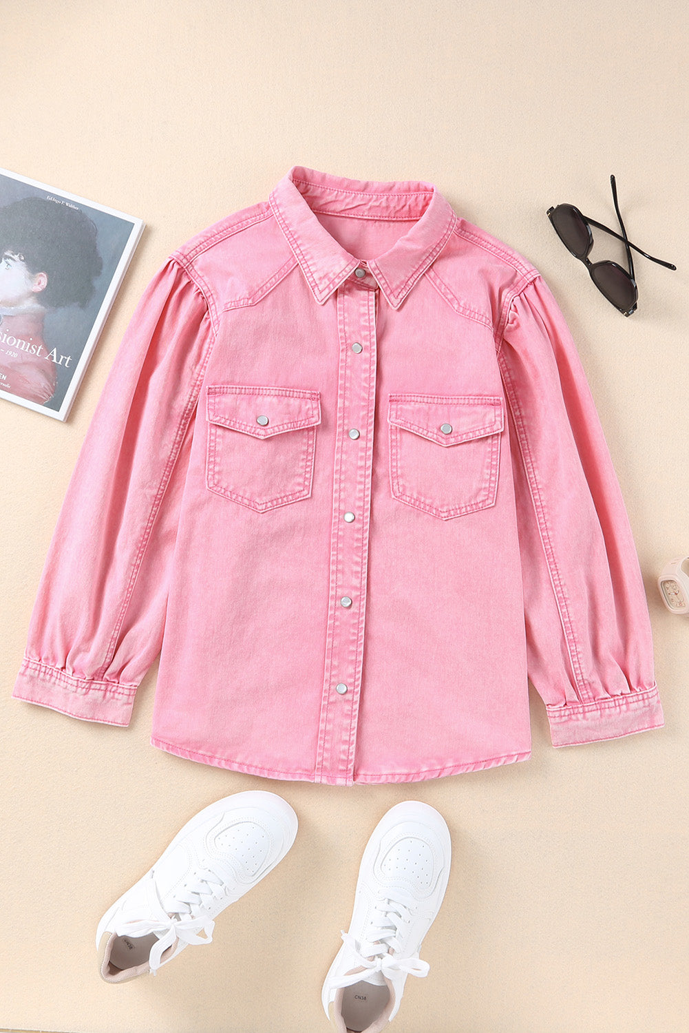 Barbie Style Pink Acid Washed Snap Buttons Denim Shirt Blouses & Shirts JT's Designer Fashion