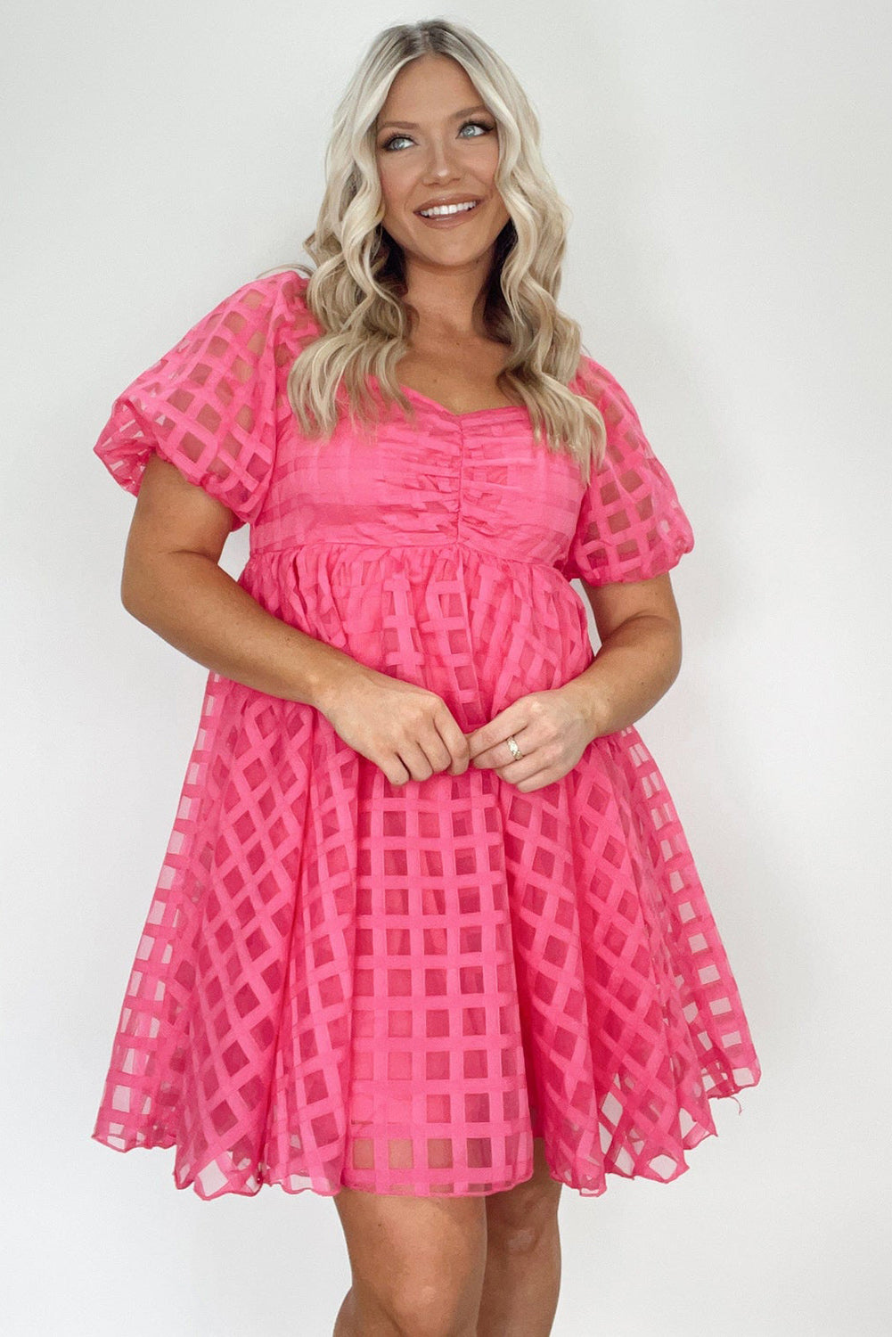 Strawberry Pink Checkered Mesh Puff Sleeve Babydoll Mini Dress Dresses JT's Designer Fashion