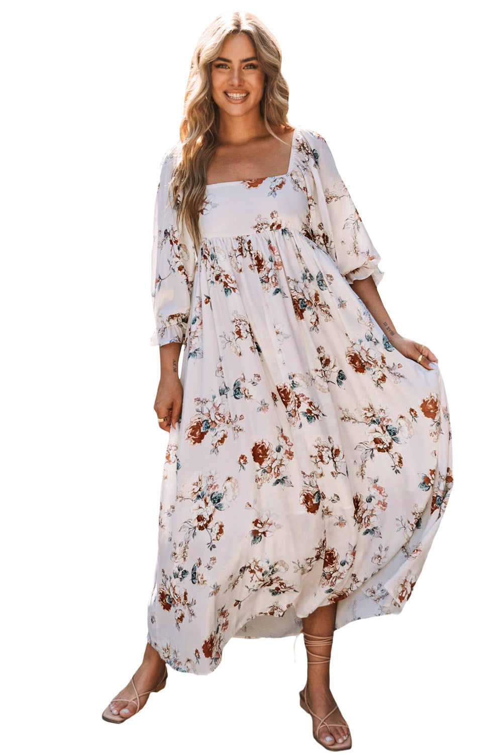 White Puff Mid-sleeve Floral Maxi Dress Maxi Dresses JT's Designer Fashion