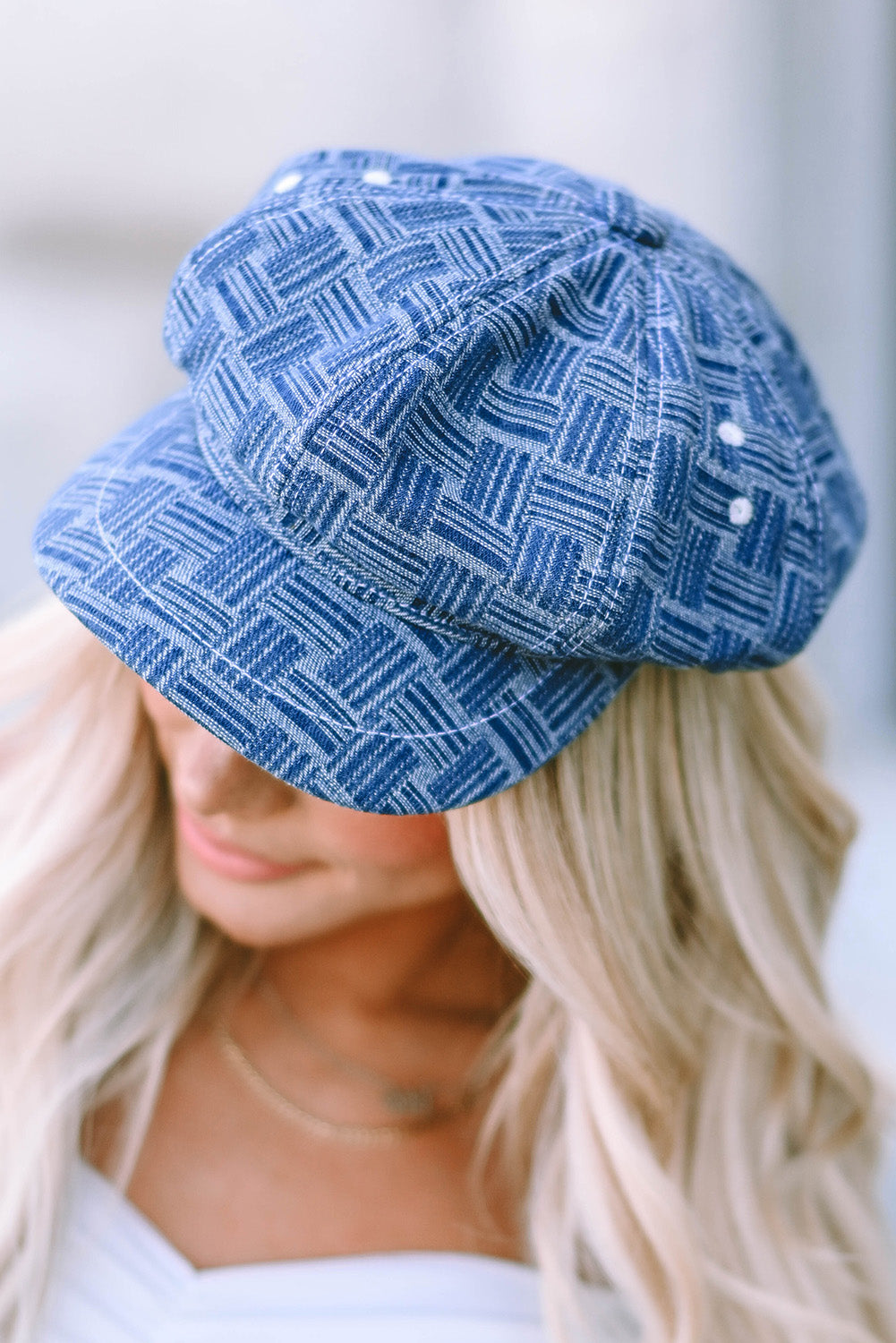 Sky Blue Vintage Checkered Denim Octagonal Hats Hats & Caps JT's Designer Fashion