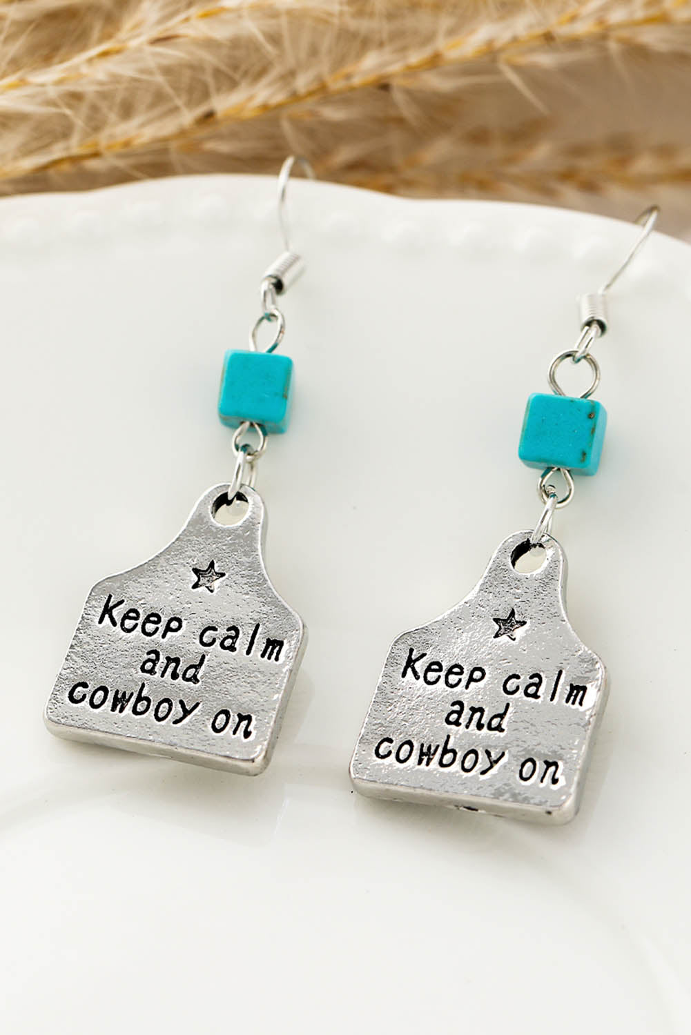 Silver Slogan Lettering Turquoise Drop Earrings Jewelry JT's Designer Fashion