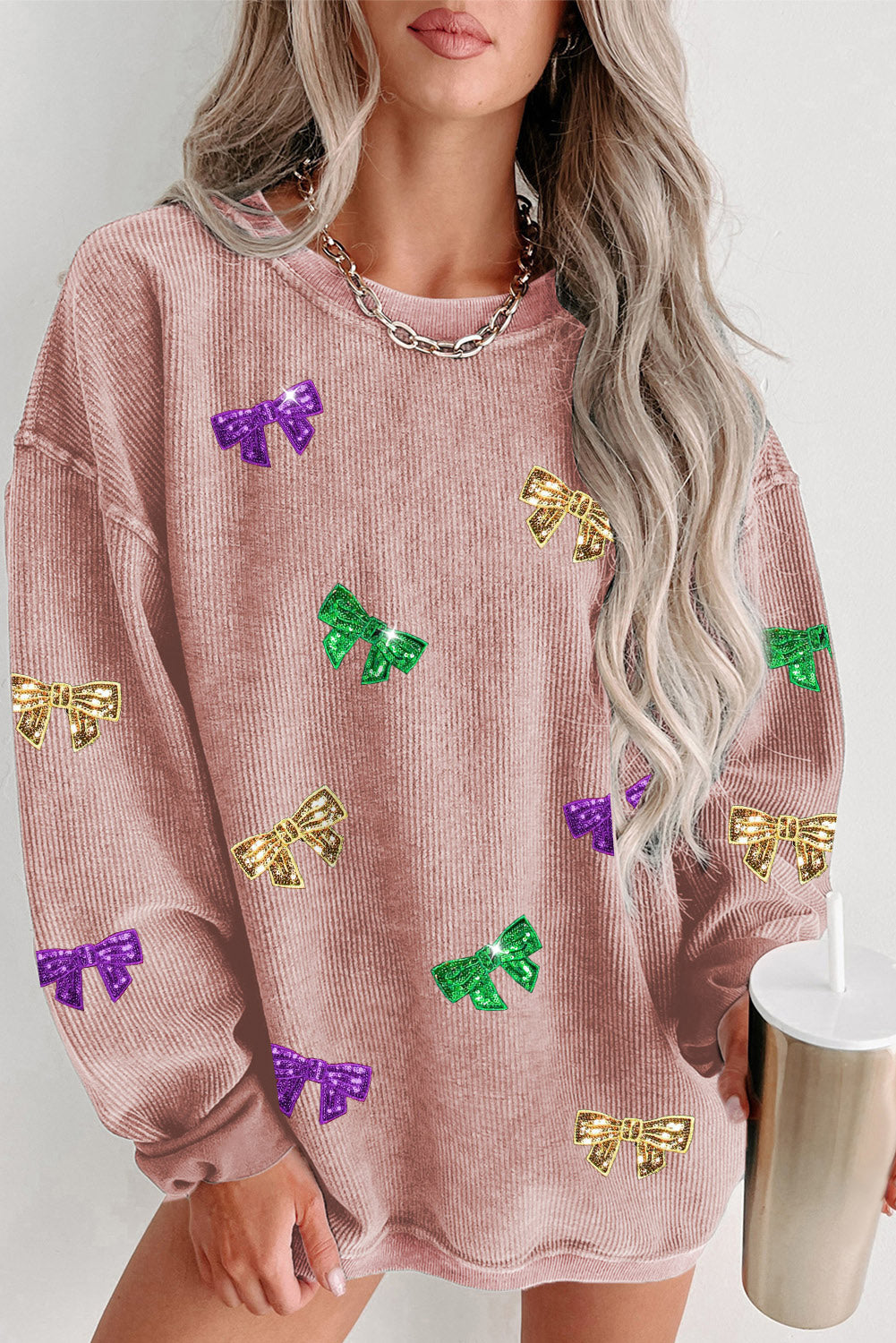 Pink Mardi Gras Sequin Bow Knot Drop Shoulder Corded Sweatshirt Pink 100%Polyester Graphic Sweatshirts JT's Designer Fashion