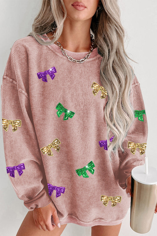 Pink Mardi Gras Sequin Bow Knot Drop Shoulder Corded Sweatshirt Pink 100%Polyester Graphic Sweatshirts JT's Designer Fashion