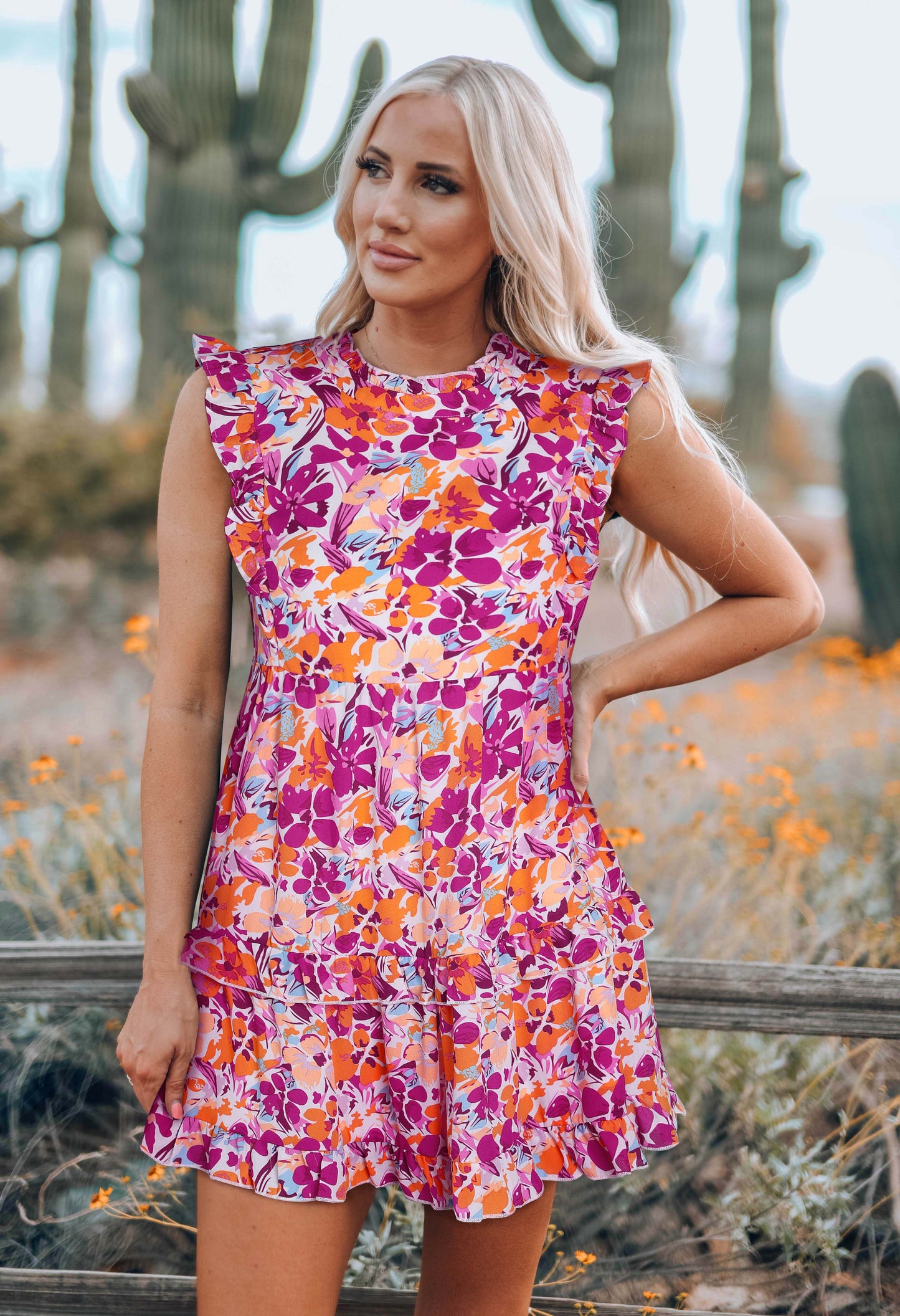 Red Ruffle Trim Tiered Sleeveless Floral Mini Dress Floral Dresses JT's Designer Fashion