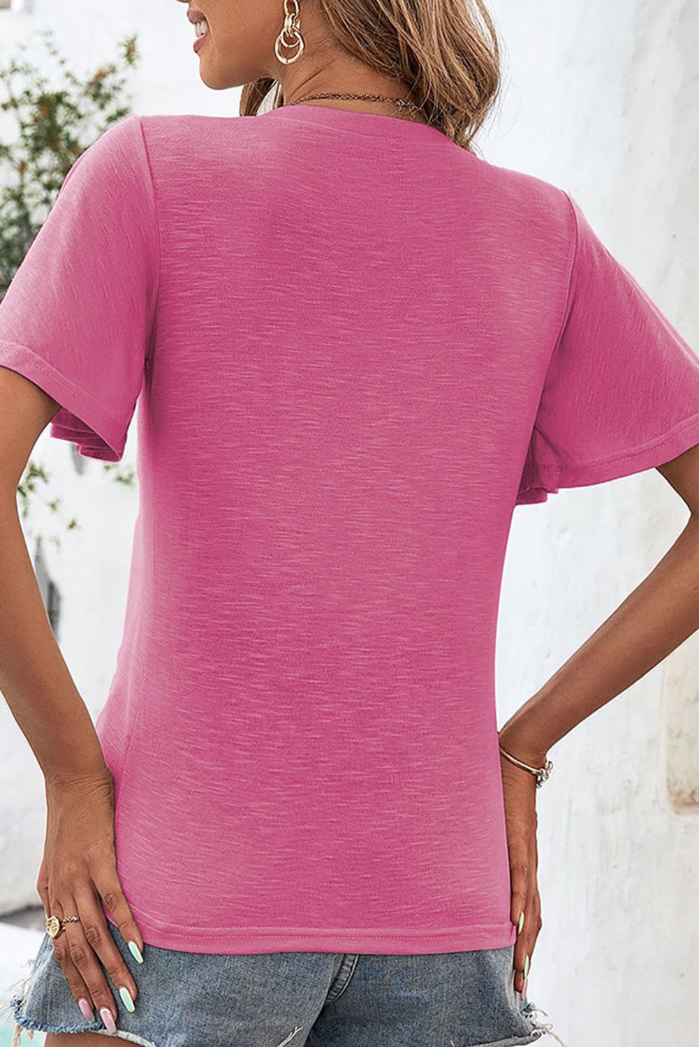 Pink Bell Sleeve V-Neck Top Tops & Tees JT's Designer Fashion