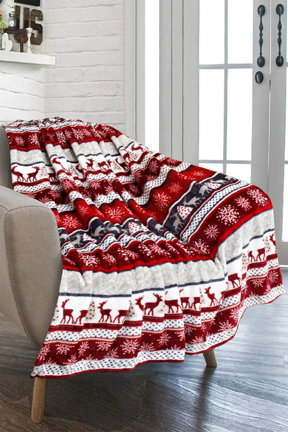 Red Christmas Elk Print Reversible Sherpa Fleece Blanket 130*150cm Other Accessories JT's Designer Fashion