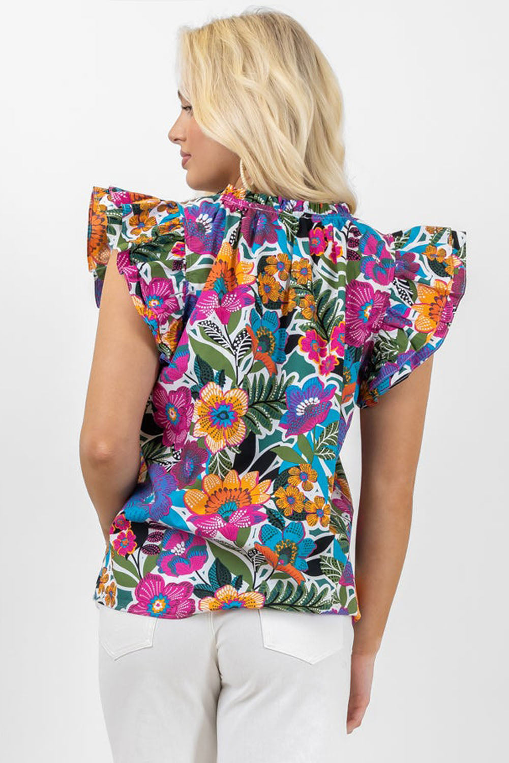 Multicolor Ruffled Flutter Sleeve Floral Print Blouse Blouses & Shirts JT's Designer Fashion