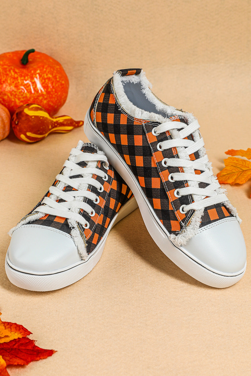 Orange Plaid Frayed Trim Lace-up Shoes Women's Shoes JT's Designer Fashion