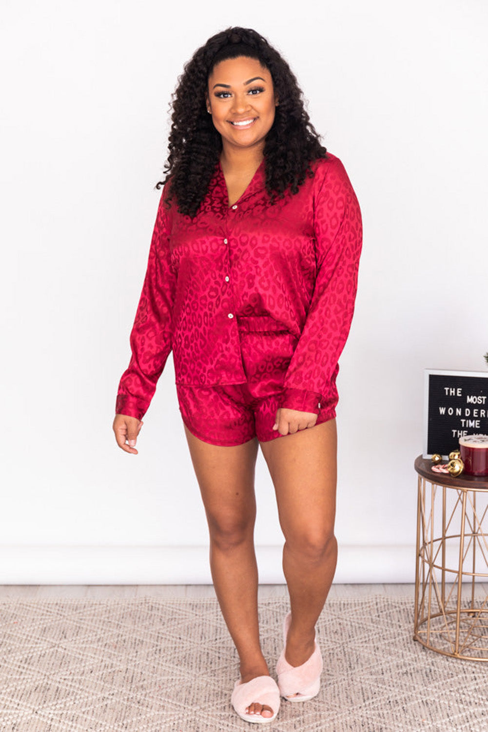 Red Leopard Print Long Sleeve Satin Plus Size Sleepwear Plus Size JT's Designer Fashion