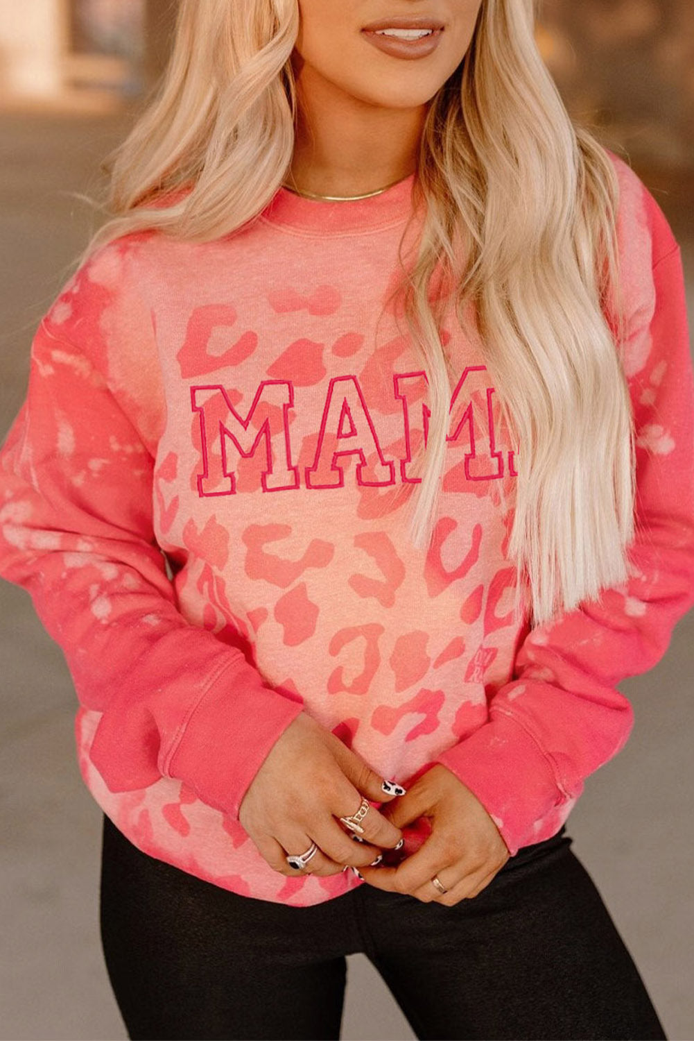 Pink MAMA Leopard Print Crew Neck Pullover Sweatshirt Pink 95%Polyester+5%Elastane Graphic Sweatshirts JT's Designer Fashion